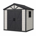 Abri de jardin 226 x 185 x 210 cm en résine gris clair et noir à double porte style cottage