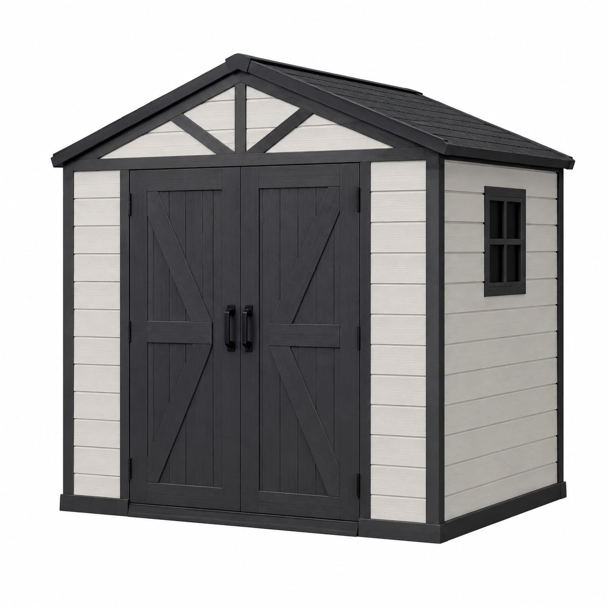 Abri de jardin 226 x 185 x 210 cm en résine gris clair et noir à double porte style cottage