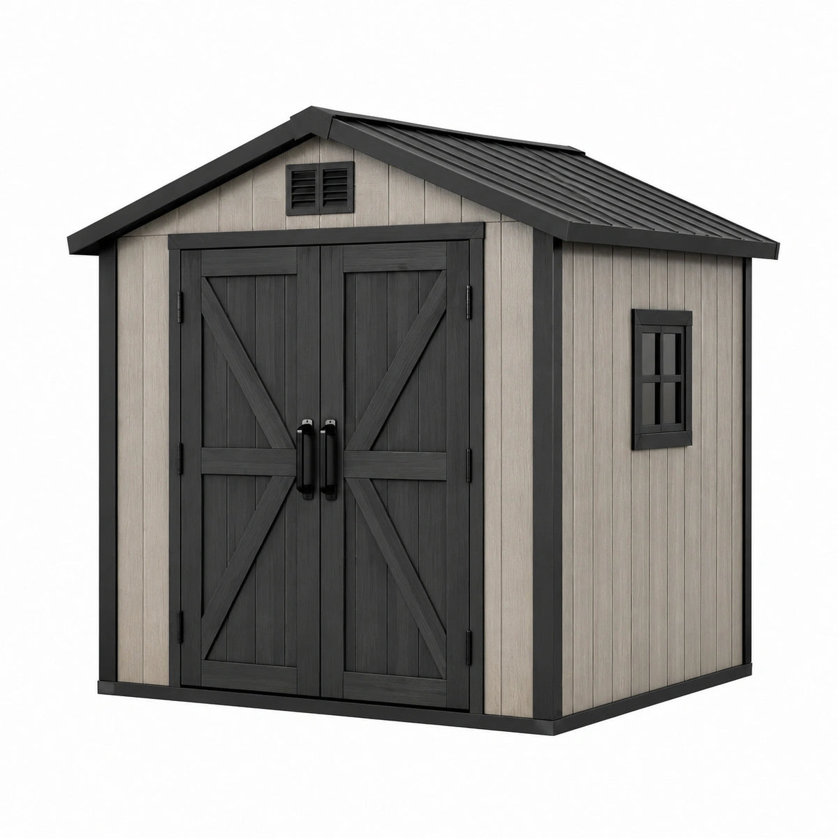 Abri de jardin 190 x 120 x 190 cm en résine beige et noir avec double porte toit incliné