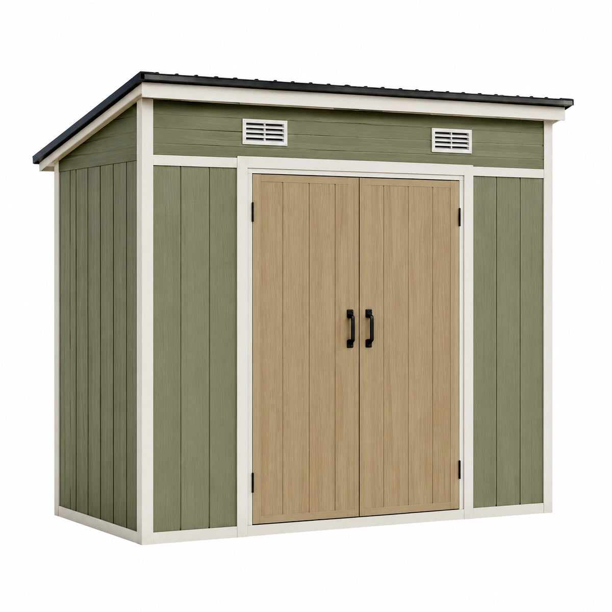 Abri de jardin 190 x 120 x 190 cm en résine vert sauge et beige à double porte