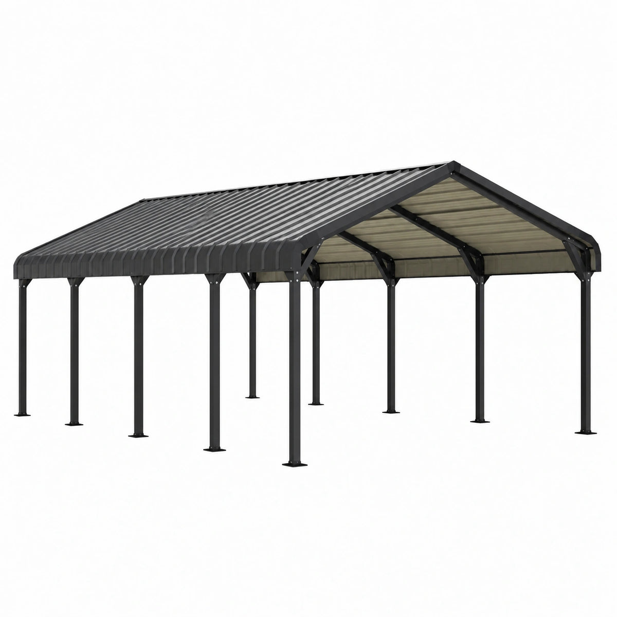 Abri voiture 600 x 300 x 280 cm en acier noir avec toit nervuré protection extérieure
