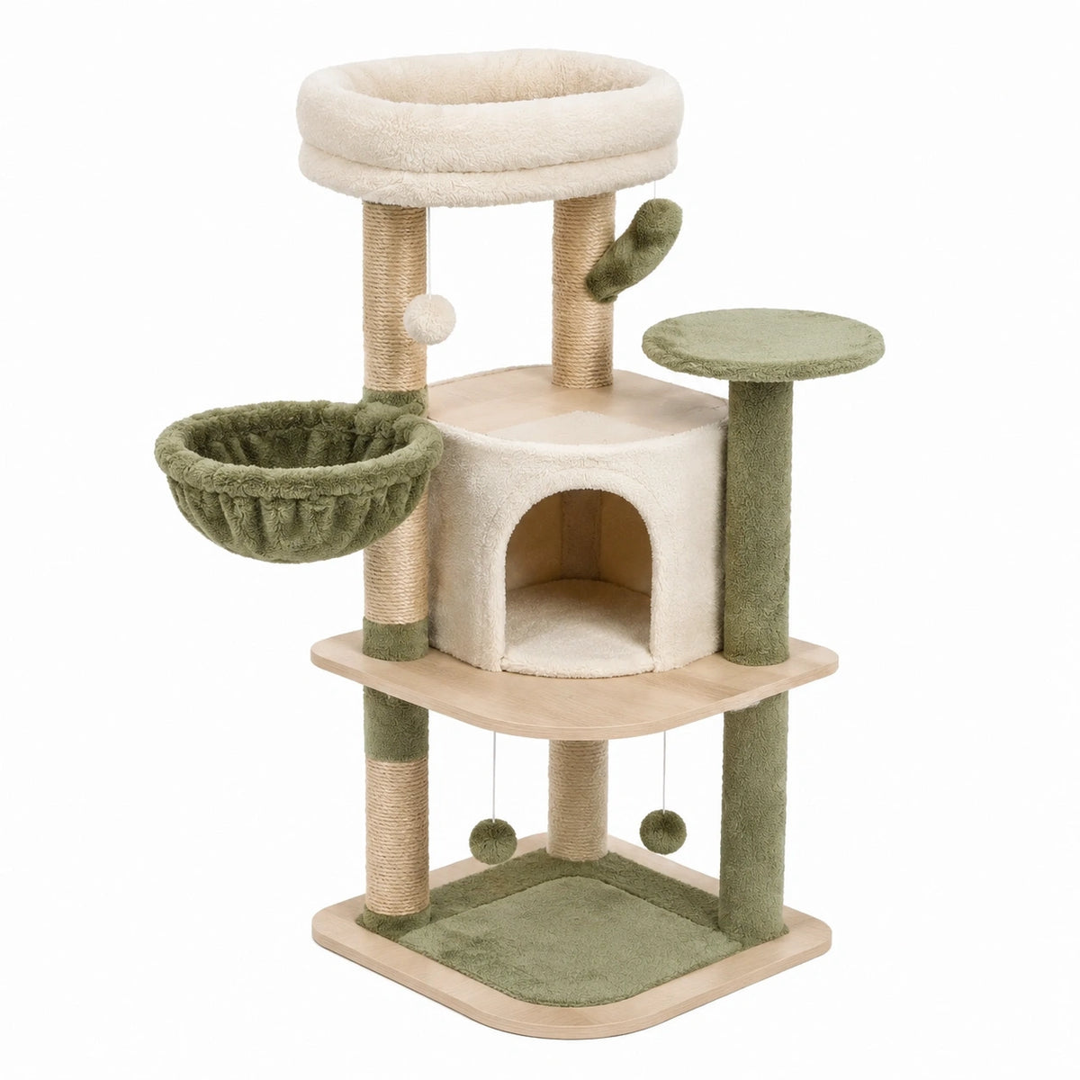 Arbre à chat 50 x 50 x 135 cm en sisal et peluche beige vert avec niches plateformes et griffoirs