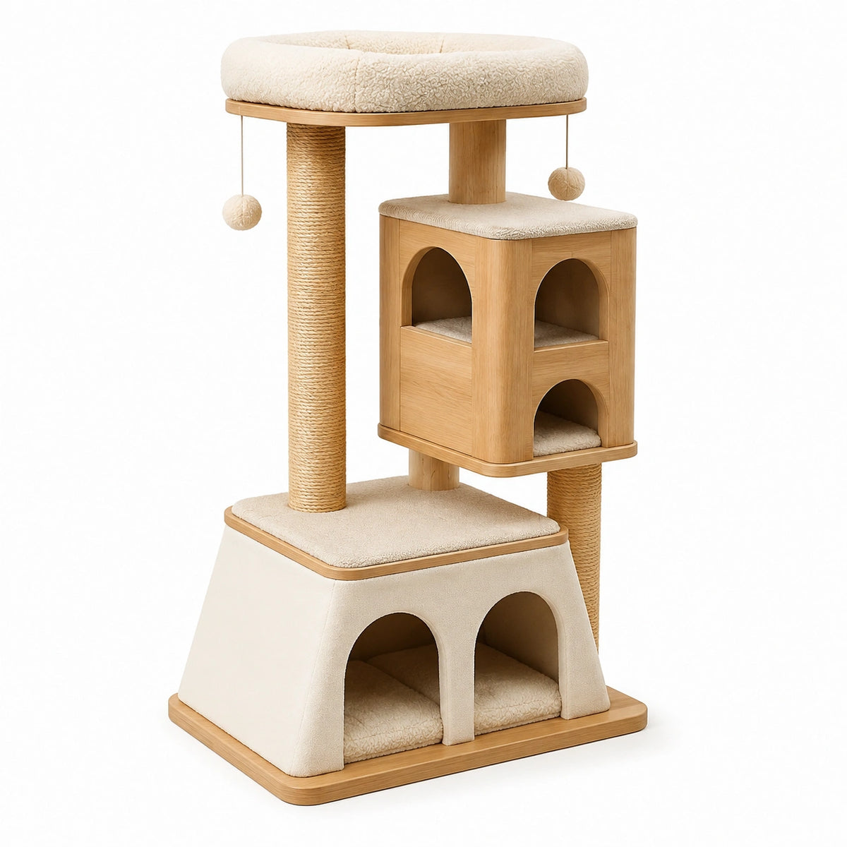 Arbre à chat 60 x 60 x 150 cm en bois beige avec griffoirs et niches de repos