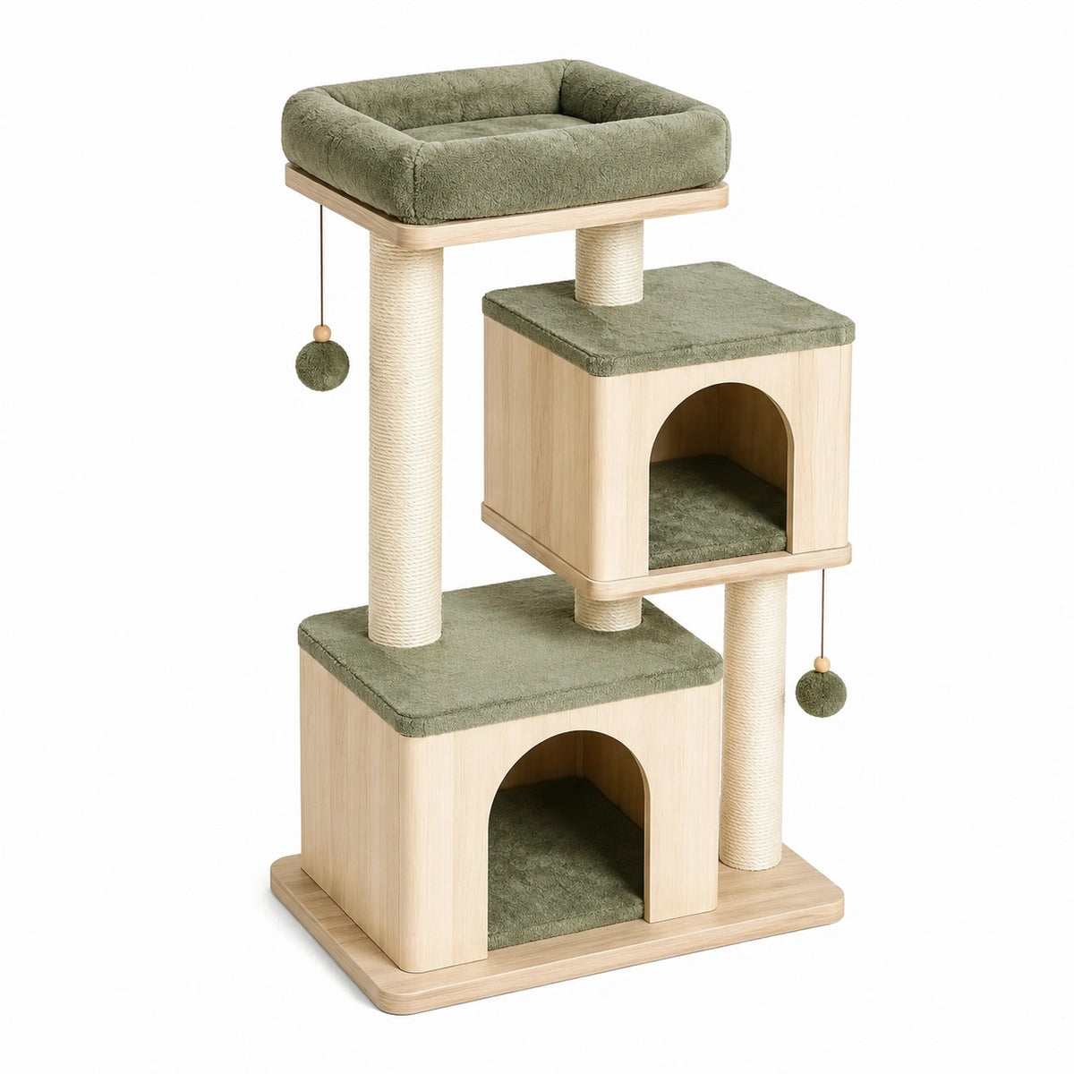 Arbre à chat 60 x 50 x 130 cm en bois beige et vert avec niches griffoirs et couchage