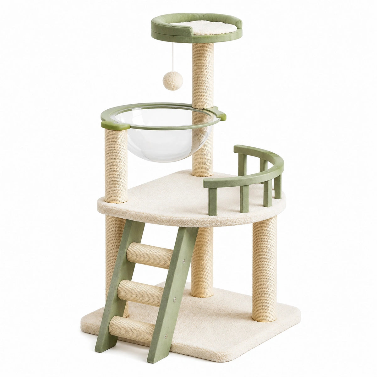 Arbre à chat 60 x 50 x 125 cm vert et crème en sisal avec hamac transparent et griffoirs