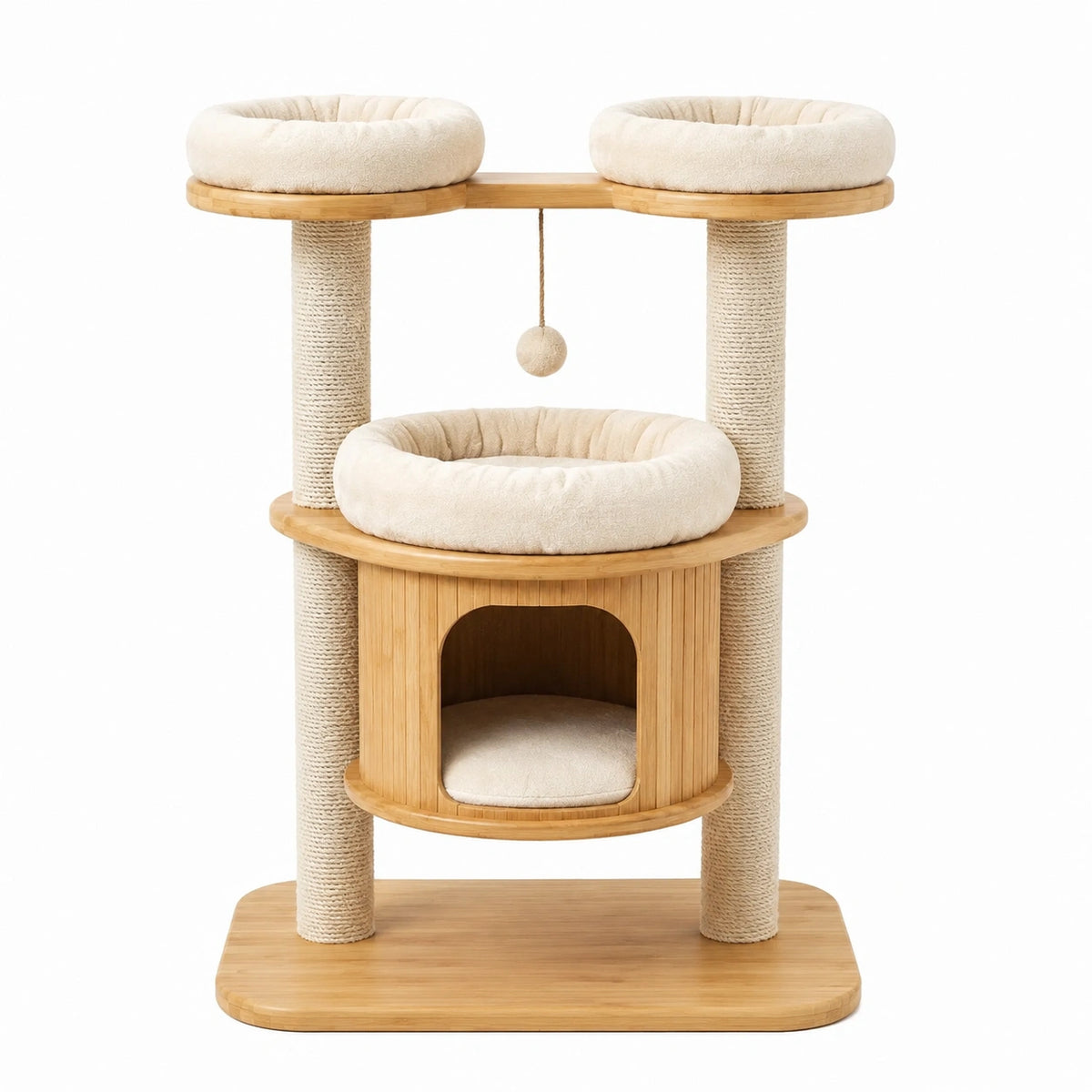 Arbre à chat 60 x 50 x 120 cm en bambou beige avec griffoirs et niches de repos