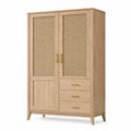 Armoire de rangement 100 x 55 x 180 cm bois clair et cannage tressé style naturel avec tiroirs