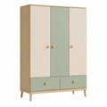Armoire 120 x 50 x 190 cm en bois beige et vert avec 3 portes et 2 tiroirs style scandinave