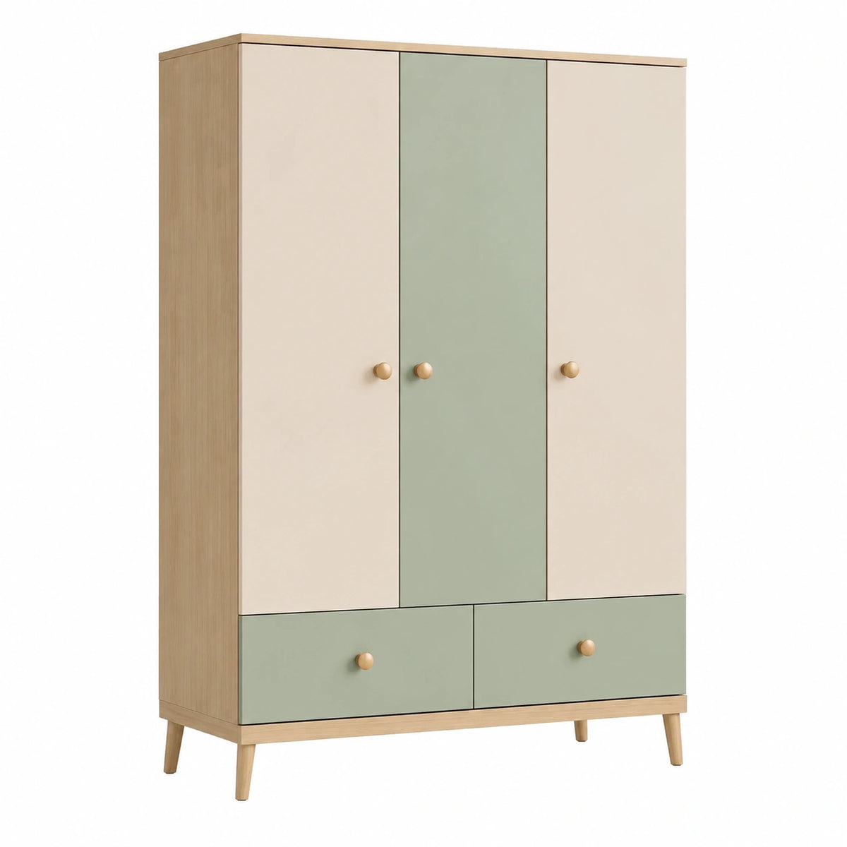 Armoire 120 x 50 x 190 cm en bois beige et vert avec 3 portes et 2 tiroirs style scandinave