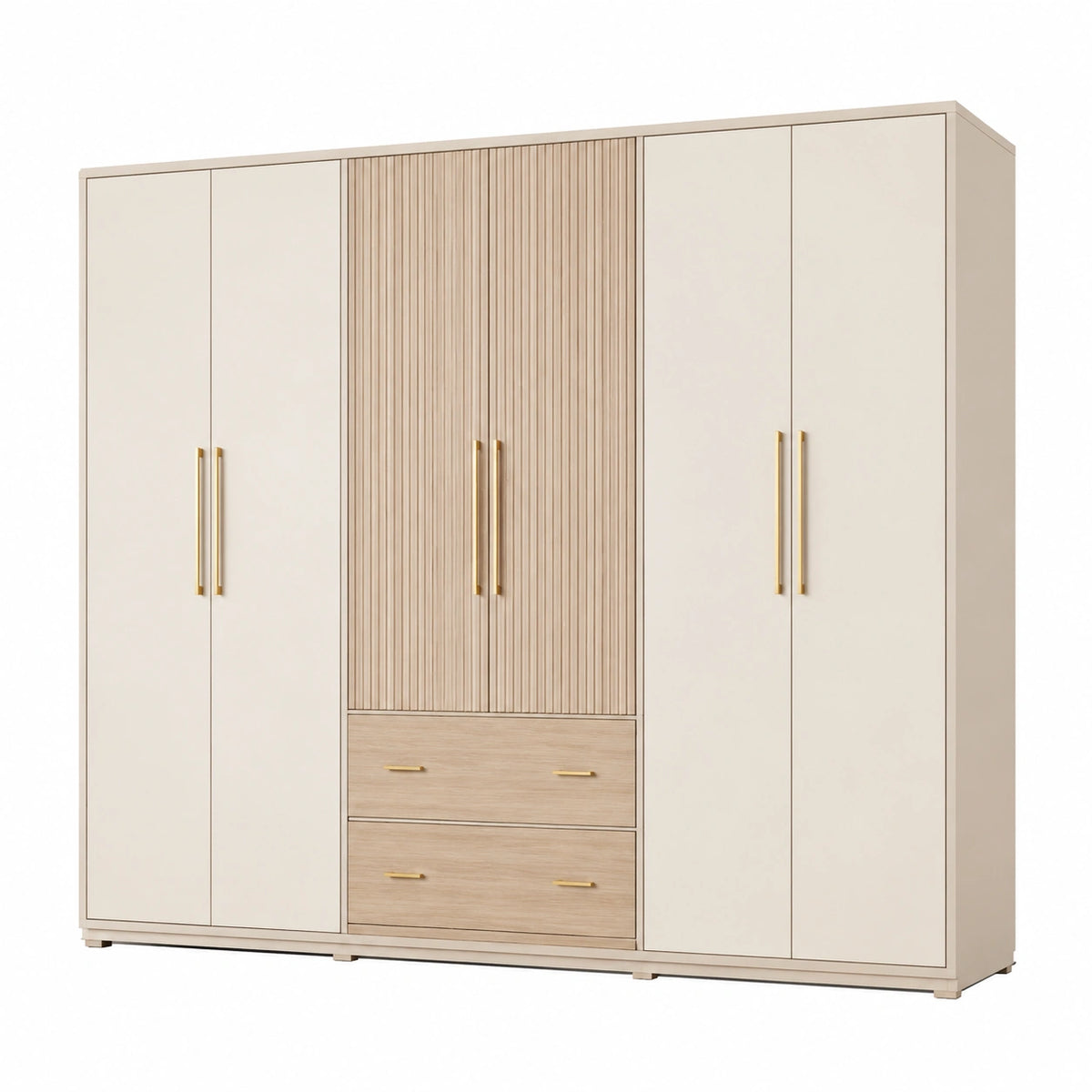 Armoire 240 x 60 x 220 cm en panneaux de bois beige avec 6 portes et 2 tiroirs style contemporain
