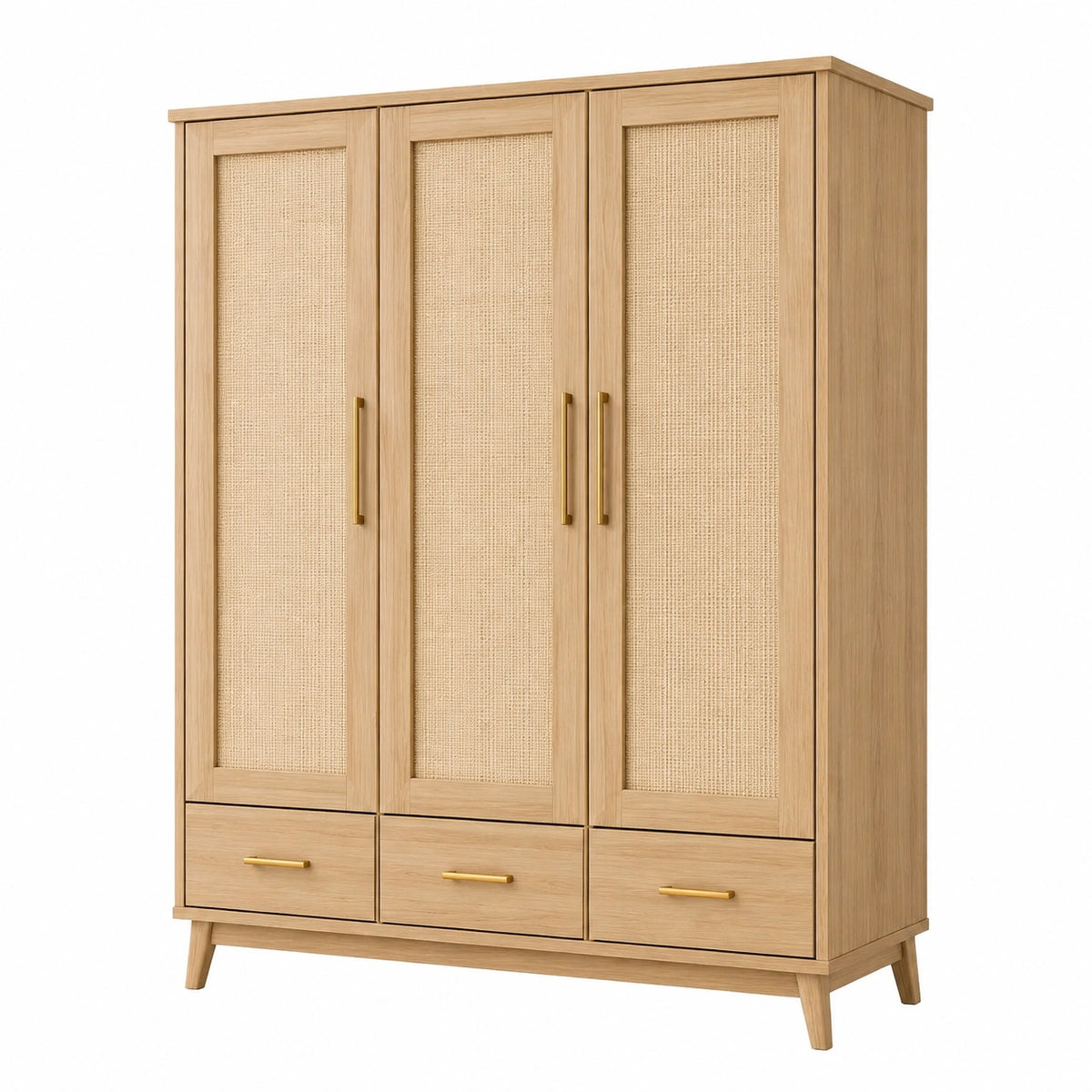 Armoire 3 portes 150 x 60 x 200 cm en bois beige avec cannage et tiroirs style naturel