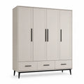 Armoire 200 x 55 x 200 cm en panneaux de bois blanc cassé avec 4 portes et 3 tiroirs style contemporain