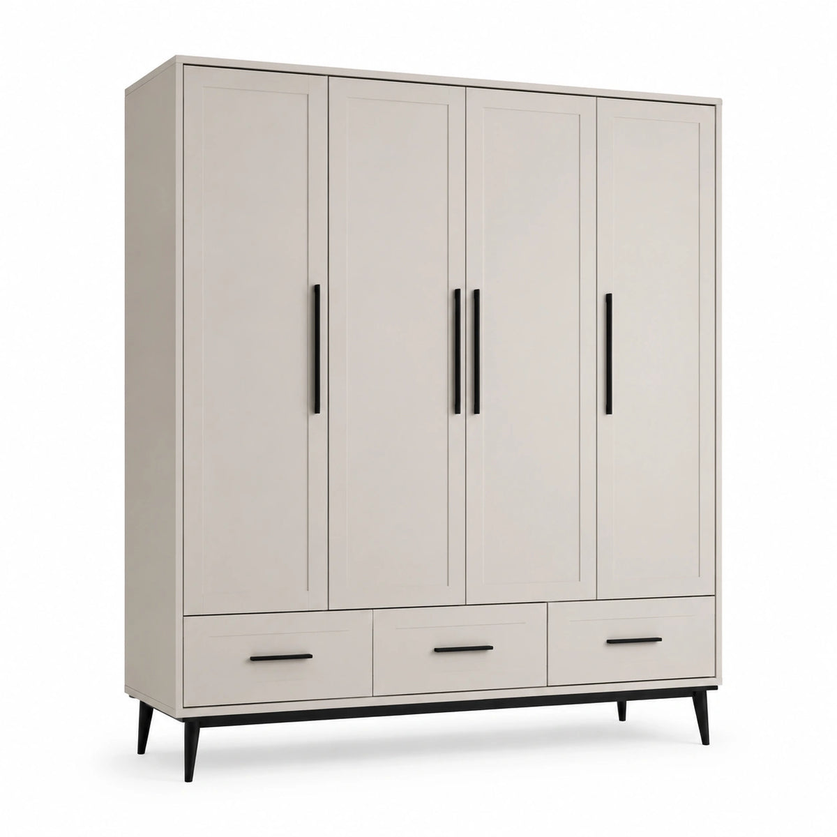 Armoire 200 x 55 x 200 cm en panneaux de bois blanc cassé avec 4 portes et 3 tiroirs style contemporain