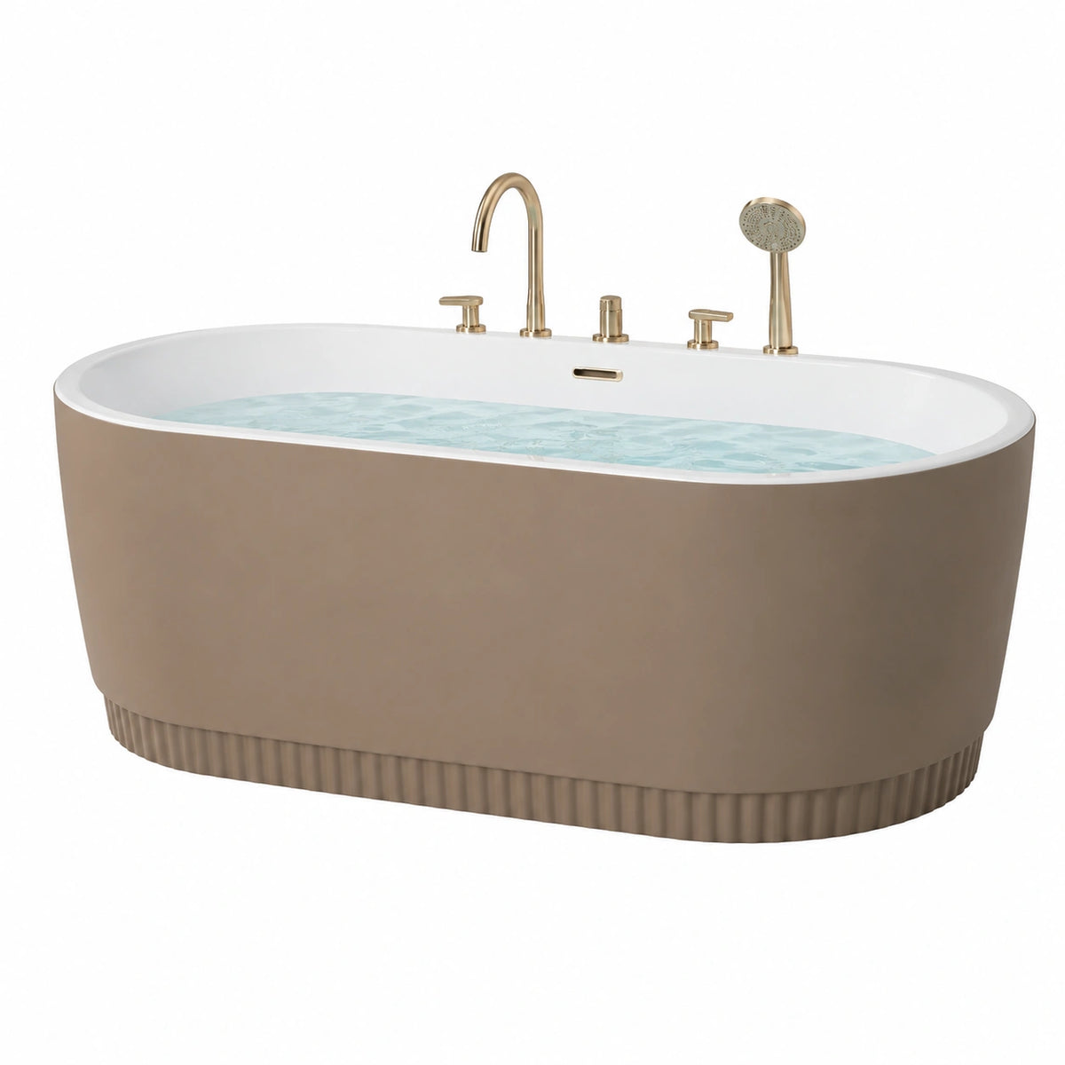 Baignoire îlot 170 x 80 cm en acrylique taupe et blanche avec robinetterie dorée style contemporain