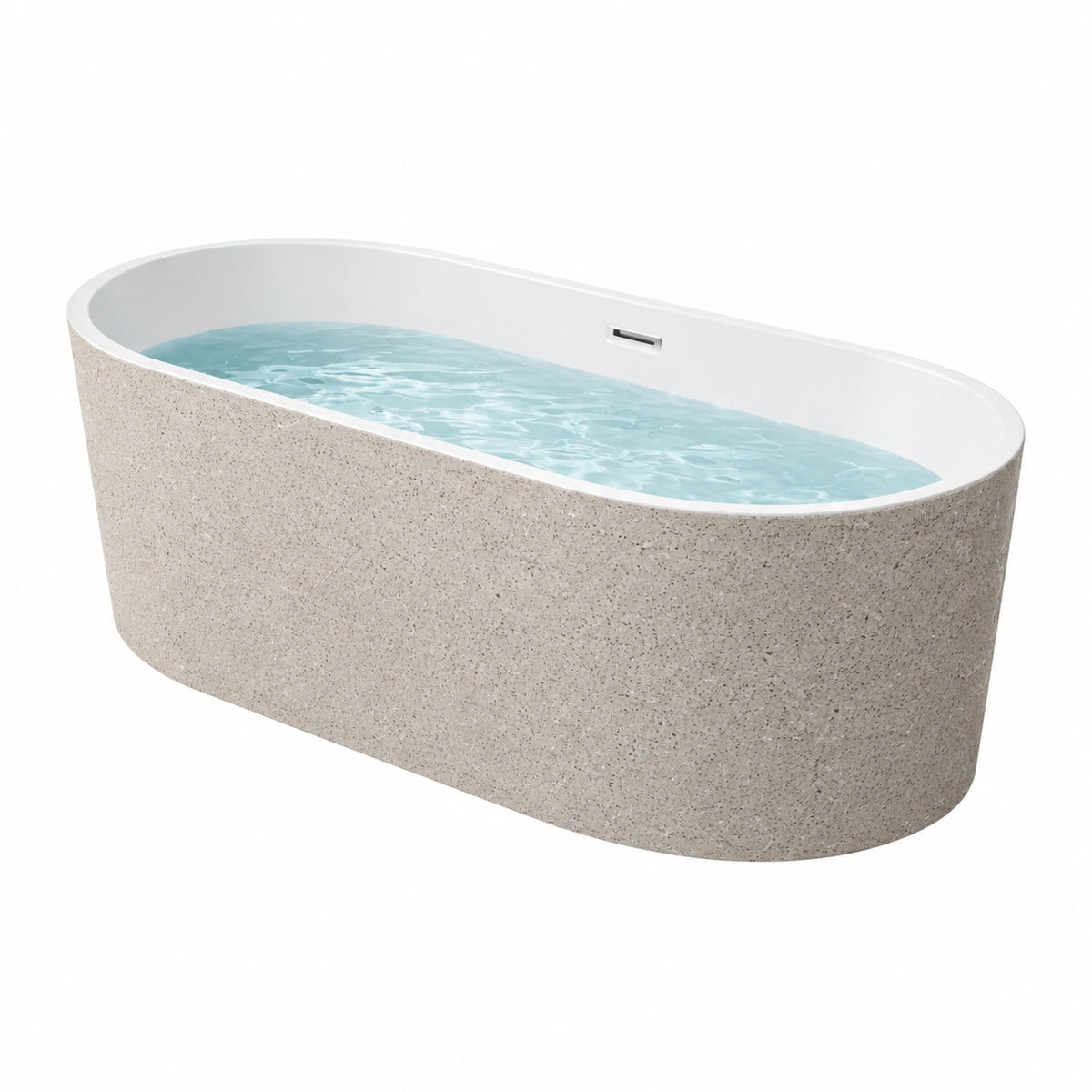 Baignoire îlot 170 x 80 cm en résine minérale blanche et beige effet pierre ovale contemporaine