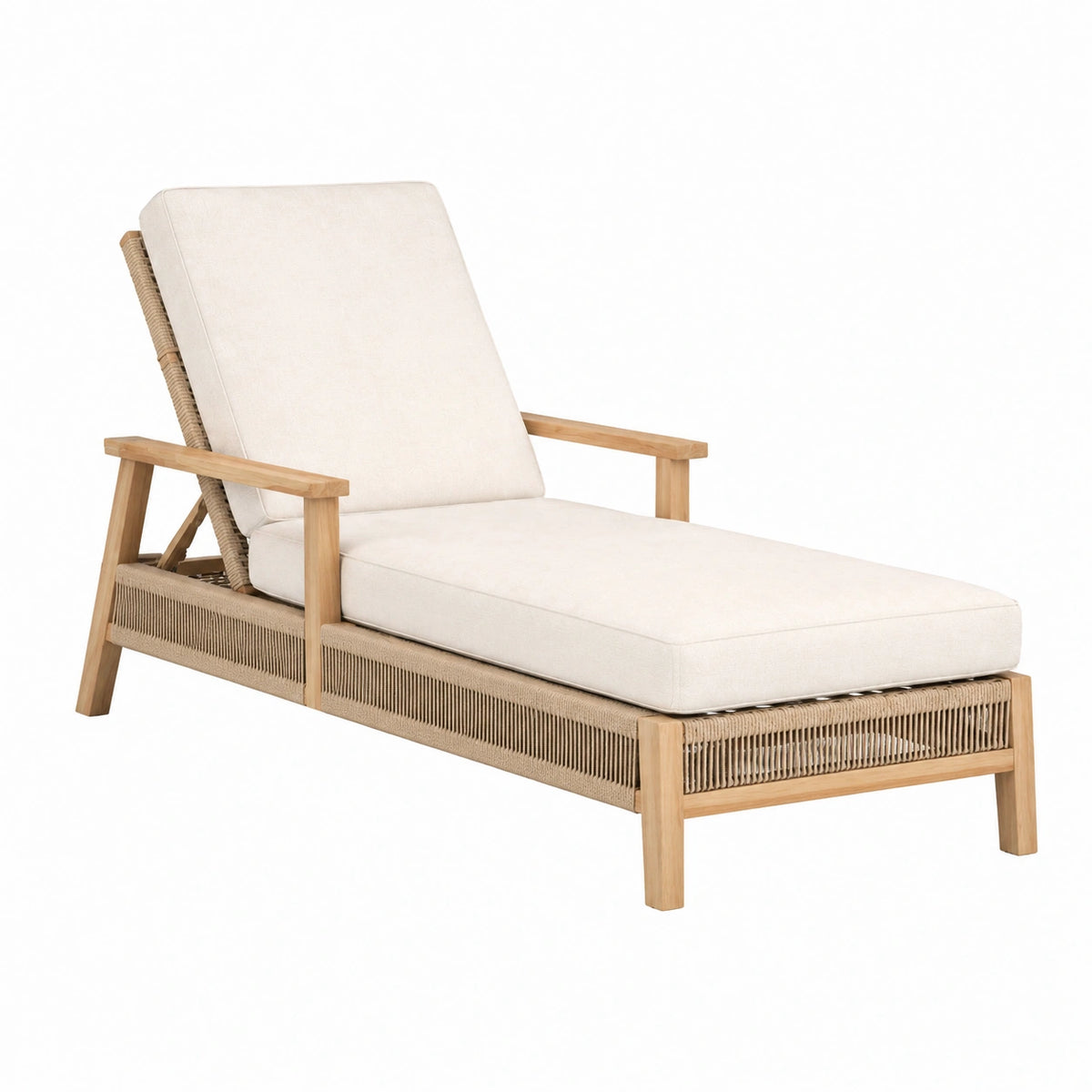 Chaise longue de jardin 200 cm en bois et corde tressée beige avec coussins style naturel