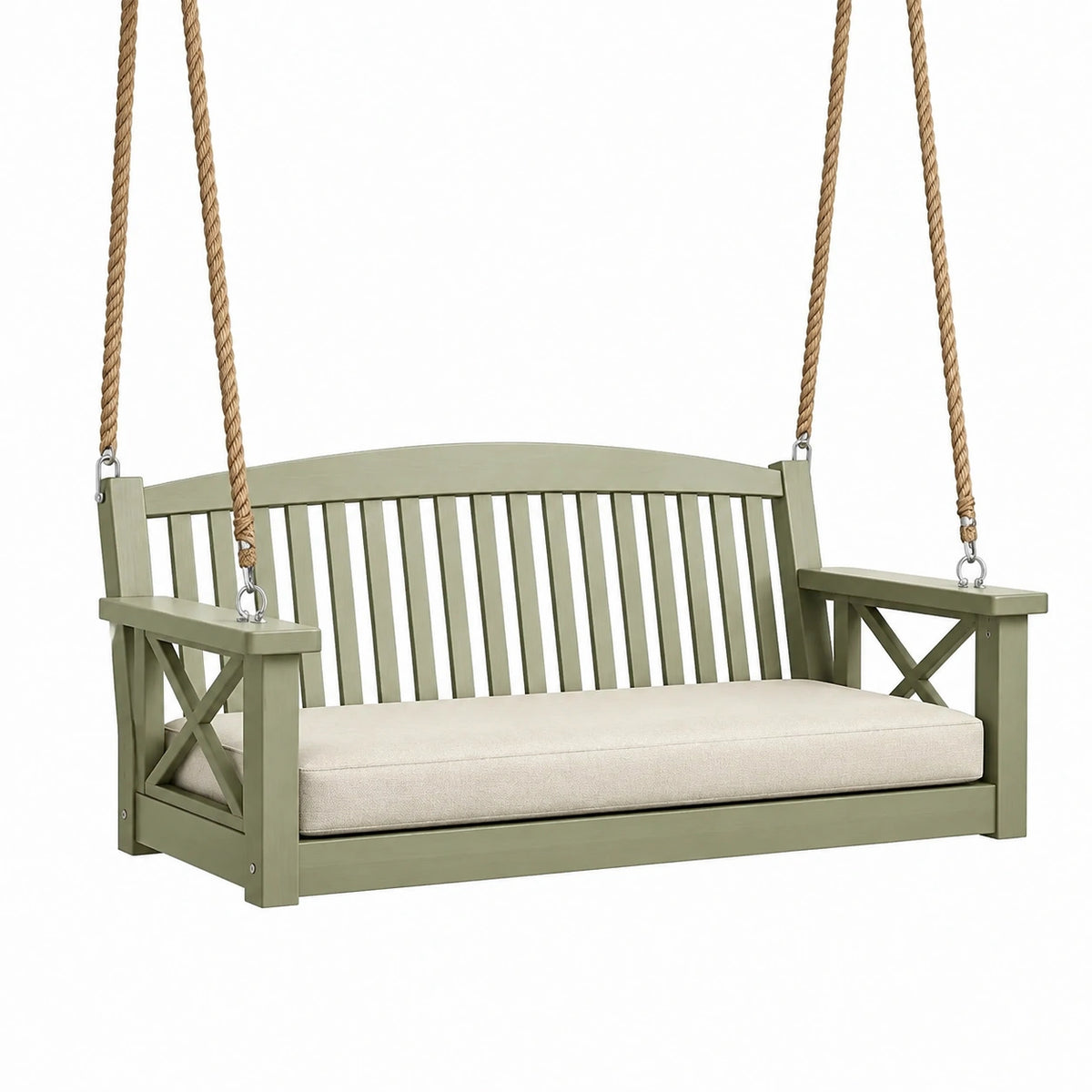 Banc balançoire de jardin 127 x 65 x 60 cm en bois vert kaki avec cordes style rustique