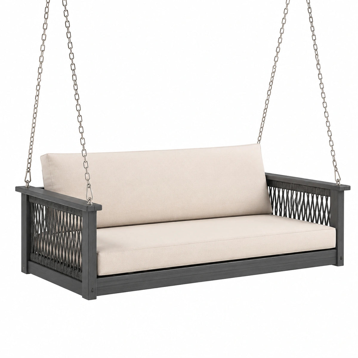 Balancelle de jardin 2 places 125 x 70 x 180 cm en bois gris anthracite avec assise beige suspendue