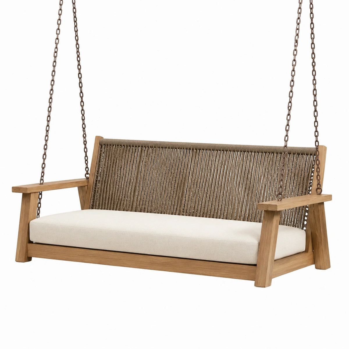 Balancelle de jardin 150 x 70 x 70 cm en bois et corde beige avec coussin d'assise suspendue