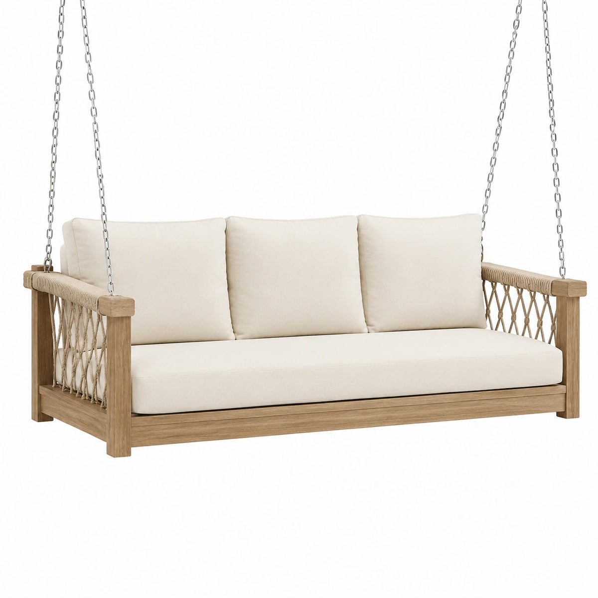 Balancelle de jardin 180 cm en bois et corde beige suspendue